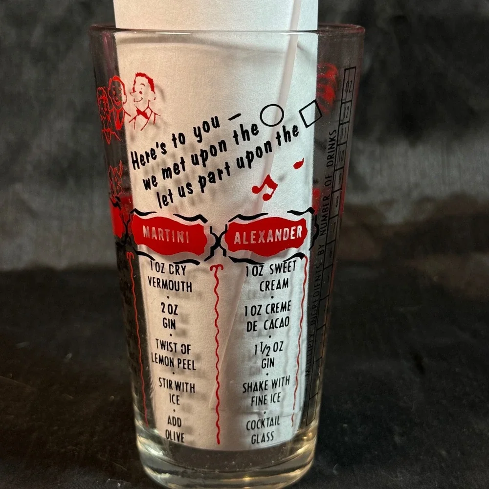 Vintage Federal Glass Cocktail Recipe Mixing Glass Red Black Mid Century 12oz